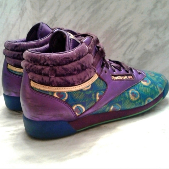 Reebok Classic Purple Metallic Velour mythology Peacock Print womens 12 men 10.5 - Picture 5 of 7